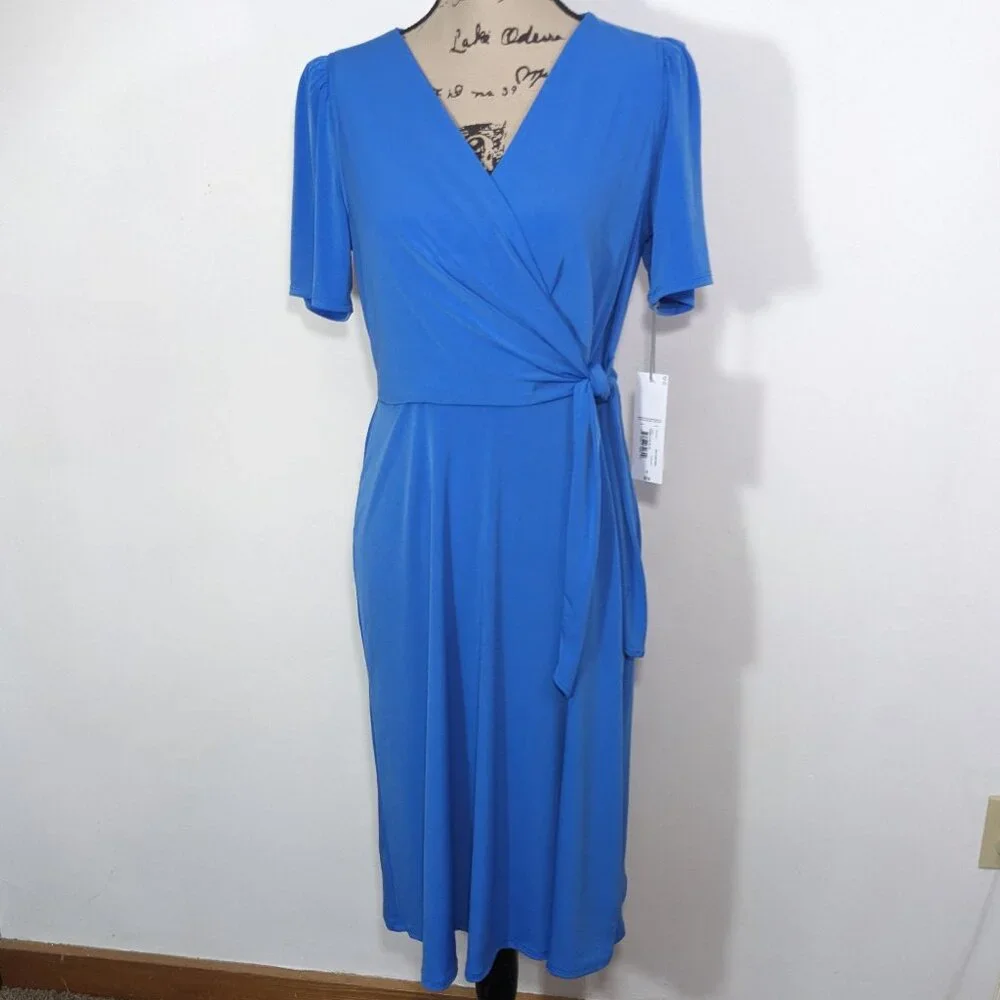 $74 NWT Liz Claiborne Blue Tie Belt Faux Wrap Dress Short Sleeve Size 6